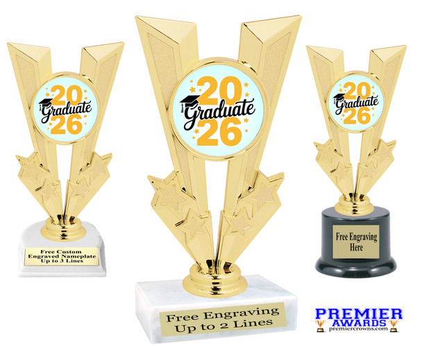 Graduation theme trophy. Celebrate their achievement with this beautiful trophy! 6" to 8" tall with choice of base.  92746