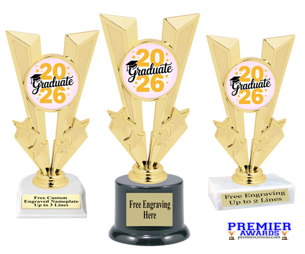 Graduation theme trophy. Celebrate their achievement with this beautiful trophy! 6" to 8" tall with choice of base.  92746-2