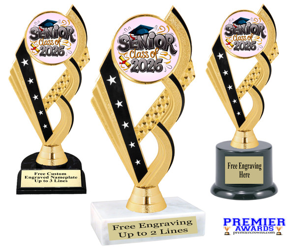 Graduation theme trophy. Celebrate their achievement with this beautiful trophy! 6" to 8" tall with choice of base.  ph104