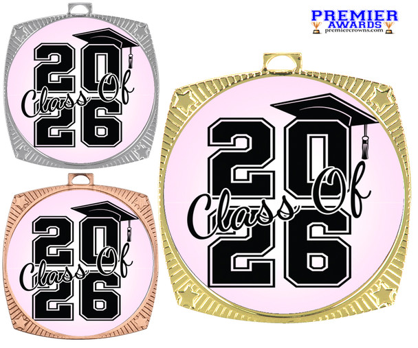 Graduation theme medal. Celebrate their achievement! Choice of gold, silver or bronze finish.  929-2