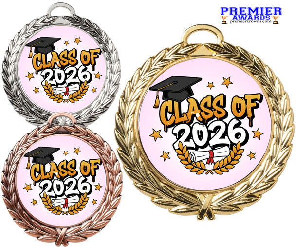 Graduation theme medal. Celebrate their achievement! Choice of gold, silver or bronze finish.  md52