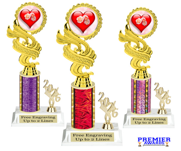 Valentine - Heart trophy that will be great for pageants, contests or the Sweetheart in your life.  Select trophy height and column color. With current year. Height starts at 10" tall - ph40