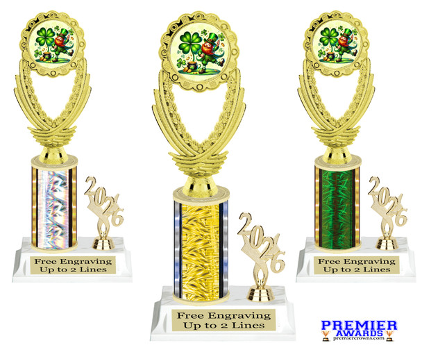 St Patrick's Day trophy that will be great for pageants, contests or the Leprechaun in your life.  Select trophy height and column color. With current year. Height starts at 10" tall - ph44