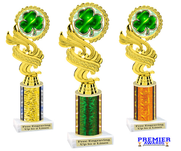 St Patrick's Day Theme trophy. Great trophy for your pageants, events, contests and more!  Choice of color and trophy height.  Ph40