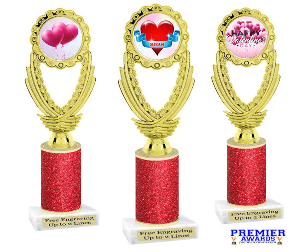 Valentine - Heart Trophy with red glitter column.  Great award for your pageants, events, competitions, parties and more. ph44