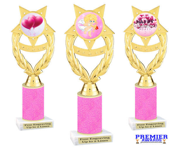 Valentine - Heart Trophy with neon pink glitter column.  Great award for your pageants, events, competitions, parties and more. ph97