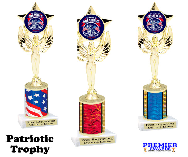 Patriotic theme trophy for your patriotic pageants, 4th of July events, contests, and more!  Choice of color and trophy height.  7517