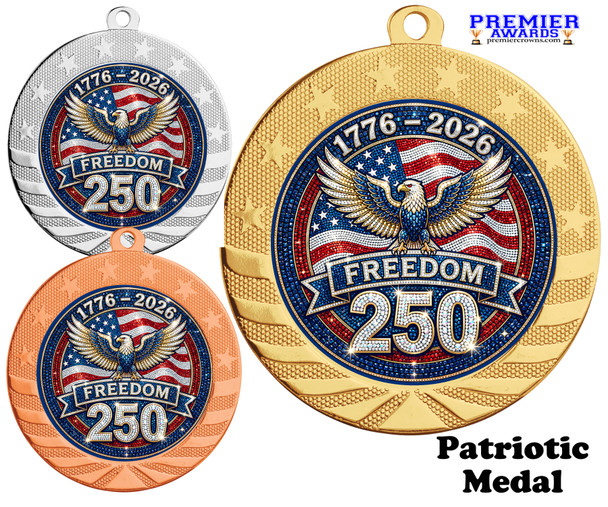 Patriotic-USA medal available in gold, silver or bronze. Great for your patriotic events, Patriotic themed pageants, 4th of July cookout events and more.  