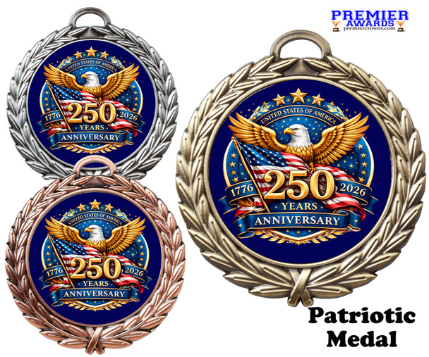 Patriotic-USA medal available in gold, silver or bronze. Great for your patriotic events, Patriotic themed pageants, 4th of July cookout events and more.  