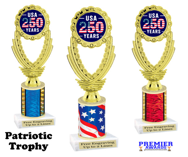 Patriotic theme trophy for your patriotic pageants, 4th of July events, contests, and more!  Choice of color and trophy height.  ph48