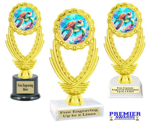 Sea Turtle trophy that will be a great award for your themed pageants, summer events, Under The Sea pageants, contests and more.  6" to 8" tall. 