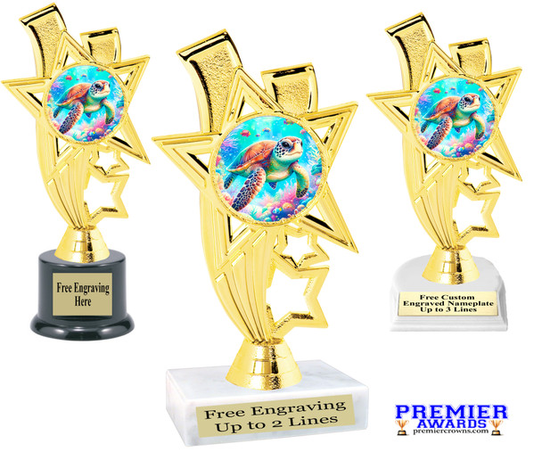 Sea Turtle trophy that will be a great award for your themed pageants, summer events, Under The Sea pageants, contests and more.  6" to 8" tall. 