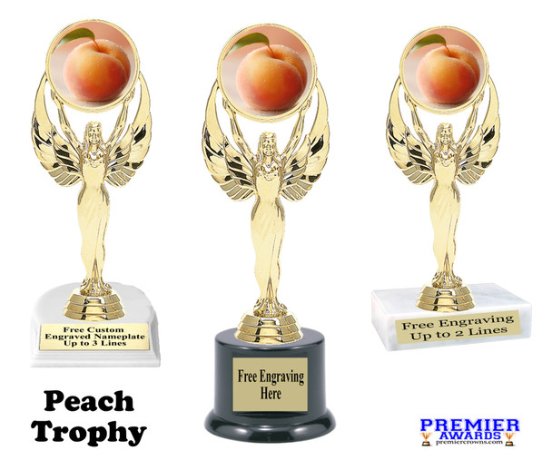 Peach trophy. 6" - 8" tall.  Great for your Peach Festival events,  baking, cookies, dessert competitions, pie eating contest and more. 