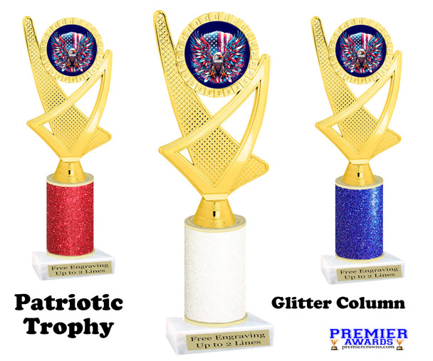 Glitter Patriotic theme trophy for your patriotic pageants, 4th of July events, contests, and more!  Choice of color and trophy height. 