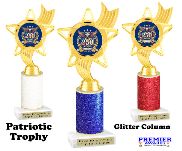 Glitter Patriotic theme trophy for your patriotic pageants, 4th of July events, contests, and more!  Choice of color and trophy height. 