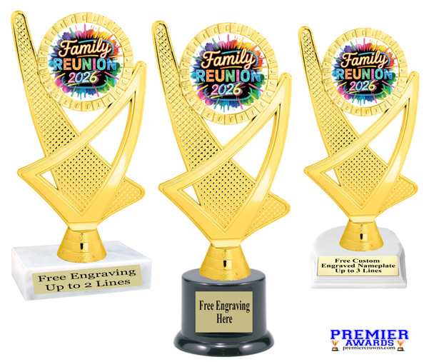 Family reunion trophy. 6" - 8" tall.  Great for your Family Reunion games, contests, activities and more.