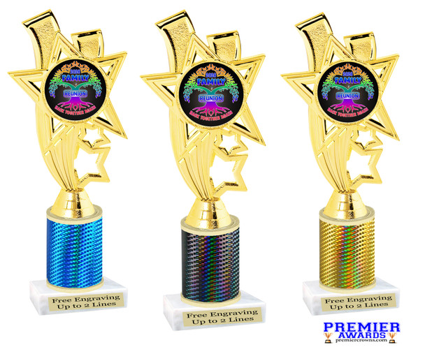 Family reunion trophy.   Great for your Family Reunion games, contests, activities and more.  Choice of color and trophy height. 