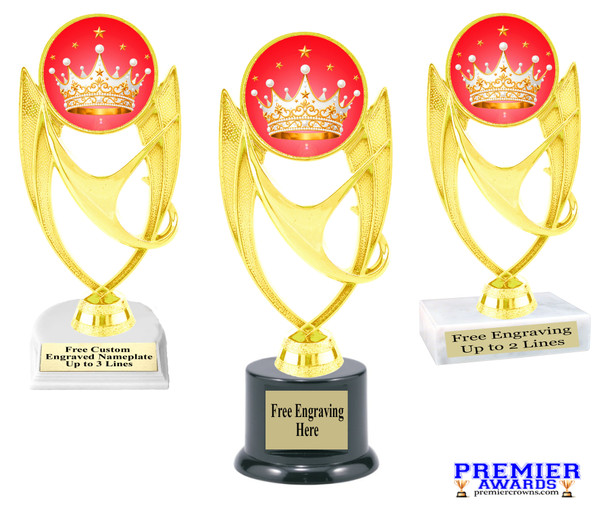 Crown theme trophy.  6" to 8" tall with choice of base. Great for your Pageants, contests, activities and more