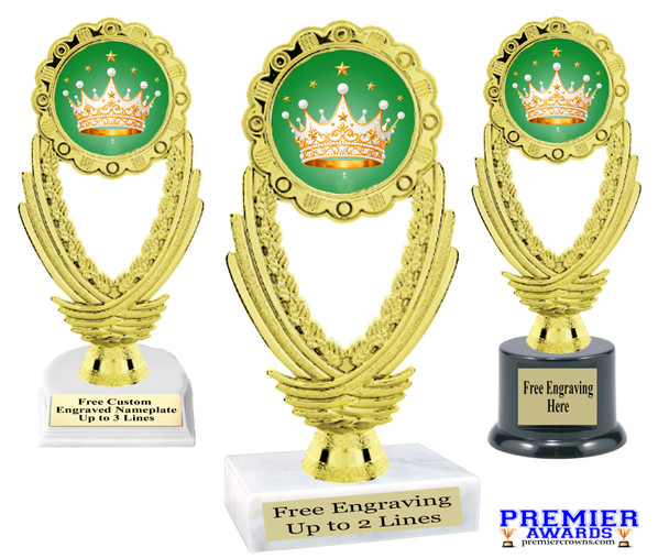 Crown theme trophy.  6" to 8" tall with choice of base. Great for your Pageants, contests, activities and more