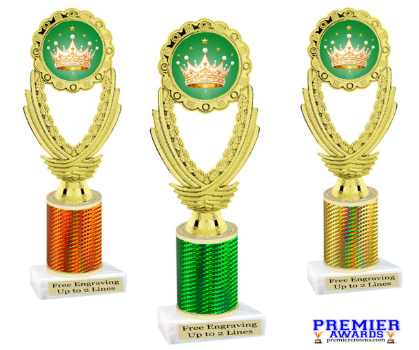 Crown theme trophy.   Great for your Pageants, contests, activities and more  Choice of color and trophy height. 