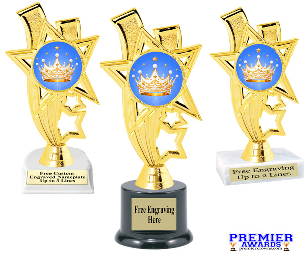 Crown theme trophy.  6" to 8" tall with choice of base. Great for your Pageants, contests, activities and more