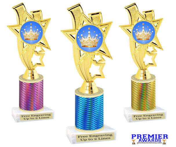 Crown theme trophy.   Great for your Pageants, contests, activities and more  Choice of color and trophy height. 