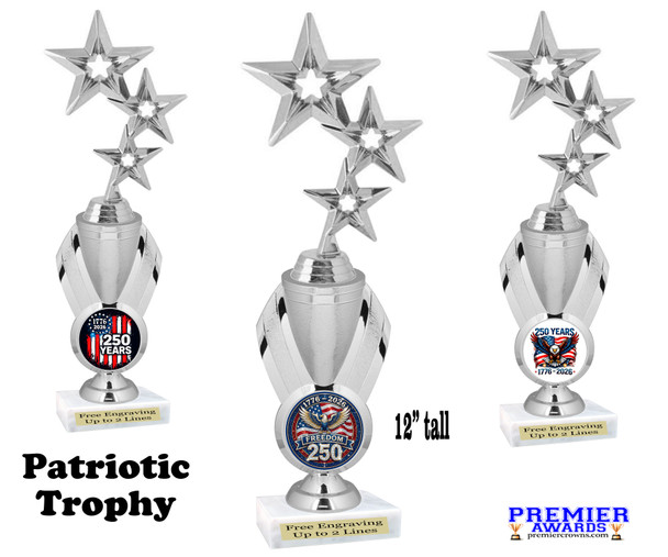 Patriotic trophy with choice of artwork. 12" tall  - Great for all of your 4th of July pageants and events. Silver stars