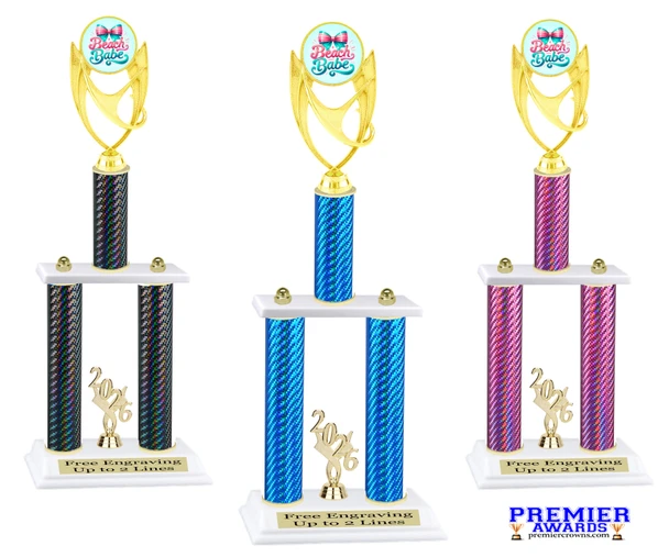 Beach theme trophy for your pageants, contests and events.  Numerous trophy heights available.  Choice of column color .  Trophy heights starts at 14" tall.