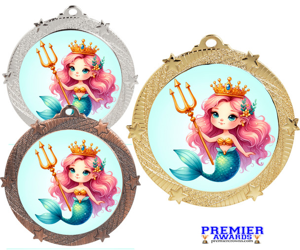 Mermaid medal with choice of gold, silver or bronze finish.  Free neck ribbon and engraved disc on back.