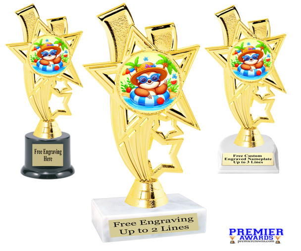 Summer theme trophy.  6" to 8" tall with choice of base. Great for your Pageants, contests, activities and more