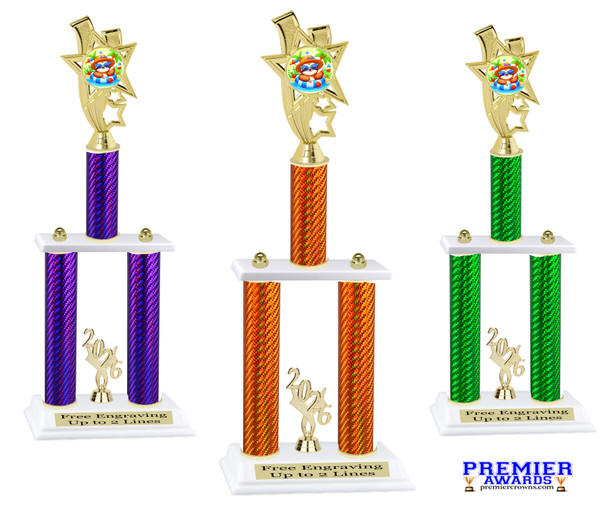 Summer theme trophy for your pageants, contests and events.  Numerous trophy heights available.  Choice of column color .  Trophy heights starts at 14" tall.