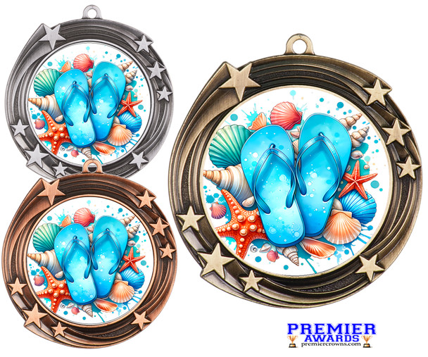 Flip Flop theme medal available in gold, silver or bronze. Great for your Pageants, contests, activities and more