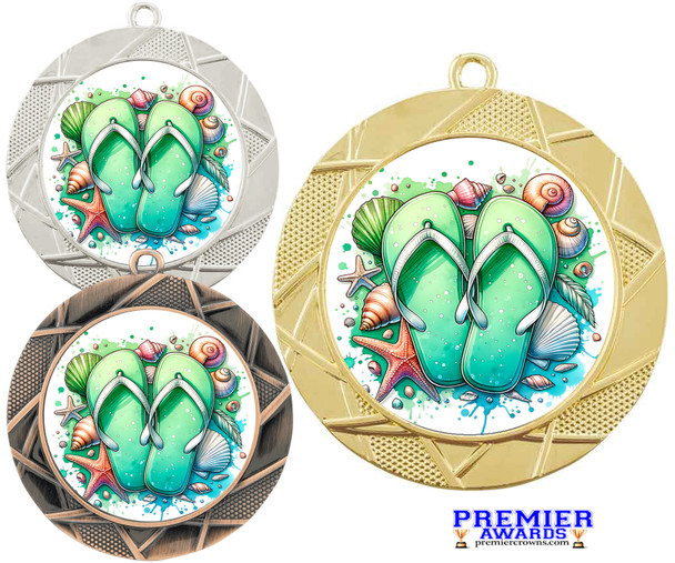 Flip Flop theme medal available in gold, silver or bronze. Great for your Pageants, contests, activities and more