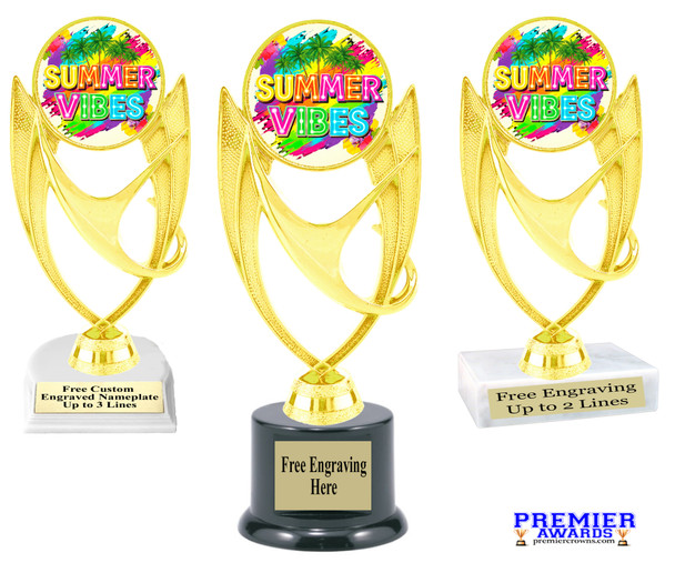 Summer theme trophy.  6" to 8" tall with choice of base. Great for your Pageants, contests, activities and more