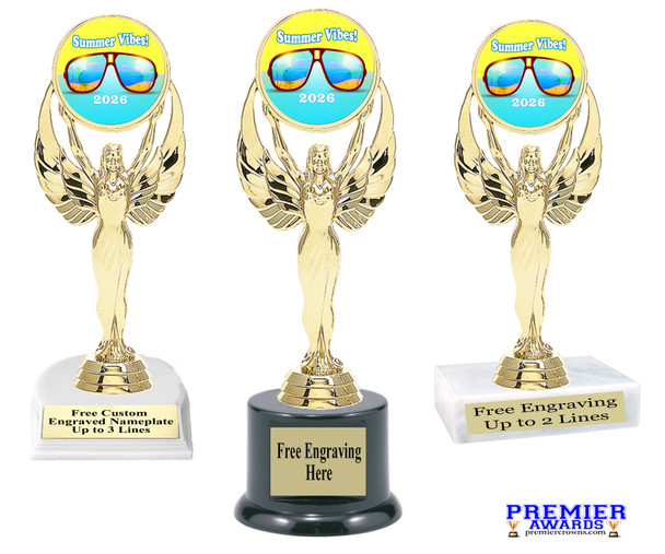 Summer theme trophy.  6" to 8" tall with choice of base. Great for your Pageants, contests, activities and more