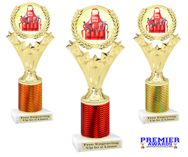 BBQ theme trophy with choice of color. Great for your cookouts, grilling contests, eating contests or your favorite chef. 