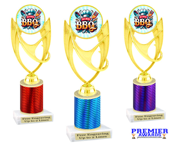 BBQ theme trophy with choice of color. Great for your cookouts, grilling contests, eating contests or your favorite chef. 