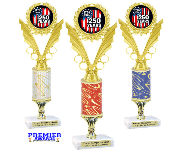 Patriotic trophy that will be great for any patriotic event, pageant and more.  Select base and trophy height.  Height starts at 12" tall 