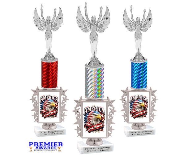 Patriotic theme trophy.  Great trophy for all of your patriotic themed events!  Height starts at 14" tall