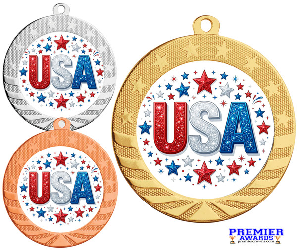 Patriotic-USA medal available in gold, silver or bronze. Great for your patriotic events, Patriotic themed pageants, 4th of July cookout events and more.  