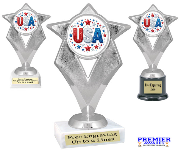 Patriotic theme trophy. Great for 4th of July events, 250 Anniversary events and more! 6" to 8" tall with choice of base.  
