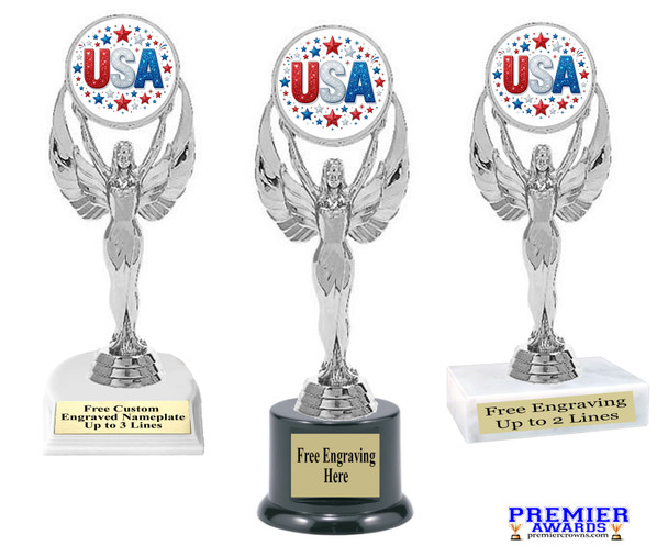 Patriotic theme trophy. Great for 4th of July events, 250 Anniversary events and more! 6" to 8" tall with choice of base.  