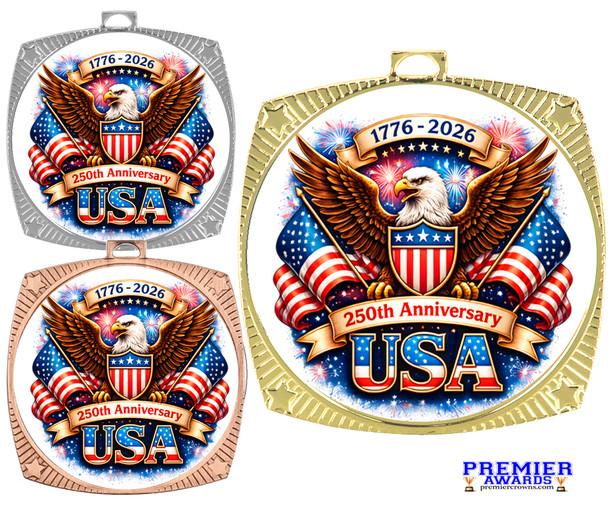 Patriotic-USA medal available in gold, silver or bronze. Great for your patriotic events, Patriotic themed pageants, 4th of July cookout events and more.  