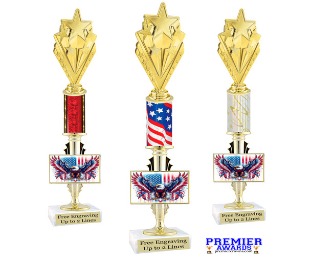 Patriotic theme trophy.  Great trophy for all of your patriotic themed events!  Height starts at 14" tall