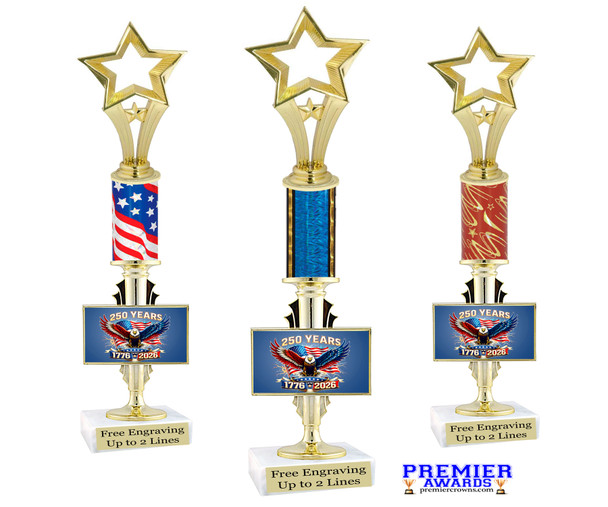 Patriotic theme trophy.  Great trophy for all of your patriotic themed events!  Height starts at 14" tall