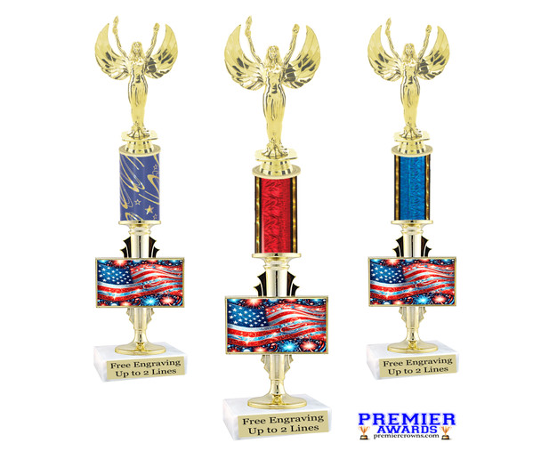 Patriotic theme trophy.  Great trophy for all of your patriotic themed events!  Height starts at 14" tall