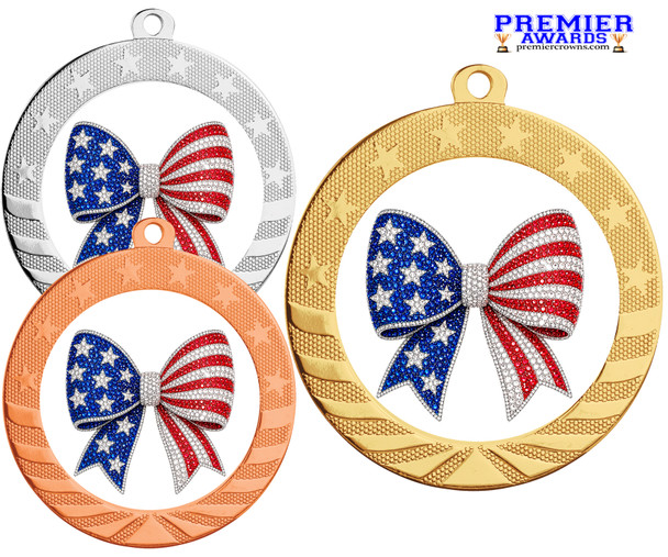 Patriotic-USA medal available in gold, silver or bronze. Great for your patriotic events, Patriotic themed pageants, 4th of July cookout events and more.  