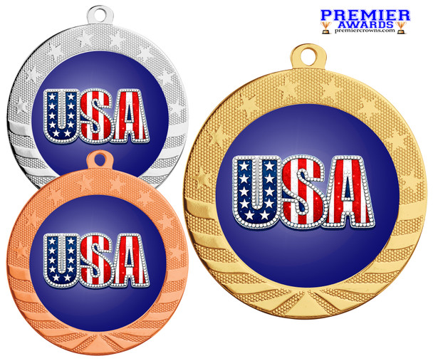 Patriotic-USA medal available in gold, silver or bronze. Great for your patriotic events, Patriotic themed pageants, 4th of July cookout events and more.  