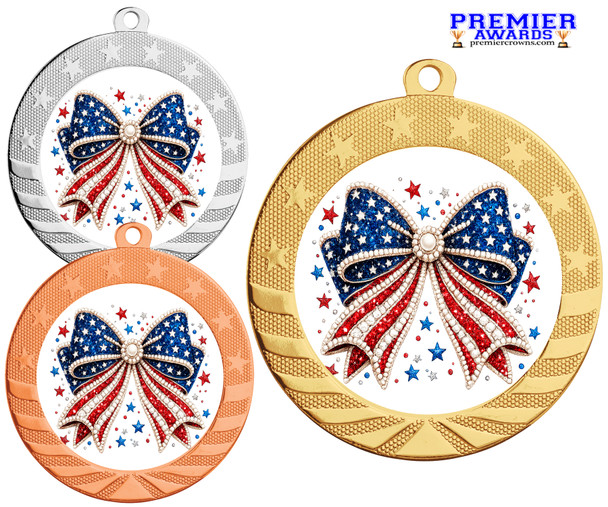 Patriotic-USA medal available in gold, silver or bronze. Great for your patriotic events, Patriotic themed pageants, 4th of July cookout events and more.  