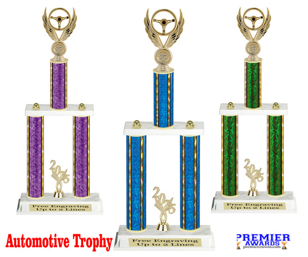 Automotive trophy.  Great trophy for car shows, contests, car guys and more.  Choice of  column color and trophy height.  Trophy heights starts at 14" tall.  Current Year.